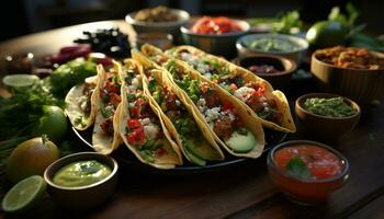 frescura y especia en un mexicano tacos, guacamole y cilantro generado por ai foto