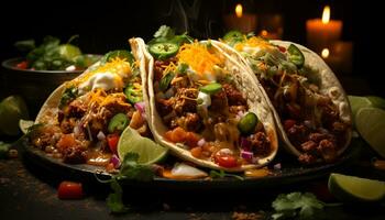 frescura y especia en un gastrónomo mexicano comida, Listo a comer generado por ai foto