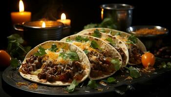 Grilled beef taco with fresh vegetables, guacamole, and homemade salsa generated by AI photo