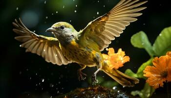 Animal in nature, flying with spread wings, perching on branch generated by AI photo