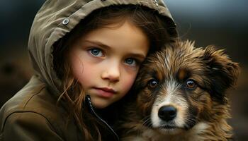 Cute dog sitting, looking at camera, surrounded by happy children generated by AI photo