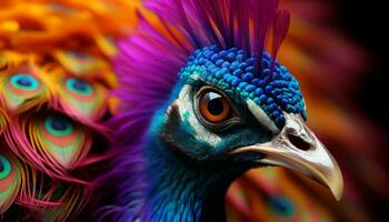 Majestic peacock displays vibrant colors, elegance, and beauty in nature generated by AI photo