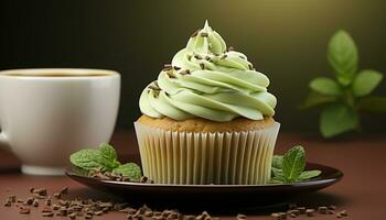 Freshly baked gourmet cupcakes with chocolate icing and green sugar decoration generated by AI photo