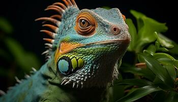Green lizard on branch, scales pattern, looking at camera generated by AI photo