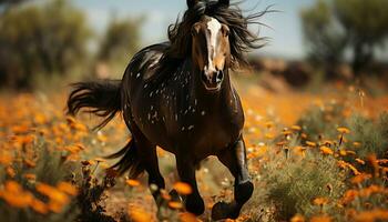 Running stallion in a meadow, showcasing the beauty of nature generated by AI photo