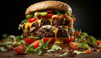 Grilled beef burger with cheese, onion, and fresh vegetables generated by AI photo