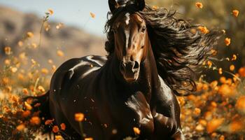 Running stallion in a meadow, enjoying freedom and autumn beauty generated by AI photo