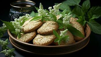 Fresh mint leaf on a homemade cookie, a gourmet culinary delight generated by AI photo