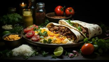 Grilled meat on tortilla, topped with guacamole and fresh cilantro generated by AI photo