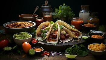 Grilled beef taco with guacamole, cilantro, and spicy tomato salsa generated by AI photo