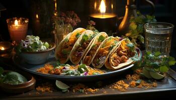 Freshness and spice on a grilled meat taco, a gourmet lunch generated by AI photo