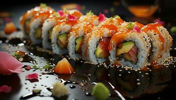 frescura y culturas en un lámina, sano comiendo con maki Sushi generado por ai foto