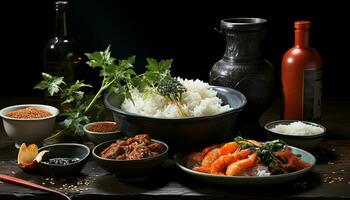 un gastrónomo comida de arroz, cocido carne, y Fresco vegetales generado por ai foto