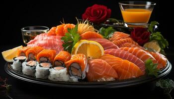 Freshness on a plate seafood, sashimi, nigiri, maki sushi, prawn generated by AI photo