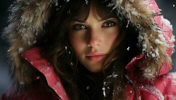 Winter beauty Caucasian woman, snow, fashion, smiling, cute, nature, elegance generated by AI photo