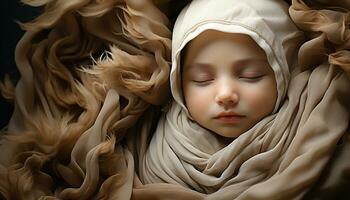 Cute baby sleeping, eyes closed, serene, wrapped in soft blanket generated by AI photo