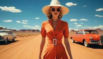 Elegant fashion model in sunglasses, confident, standing near car generated by AI photo