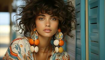 Young woman with curly brown hair, looking at camera with confidence generated by AI photo