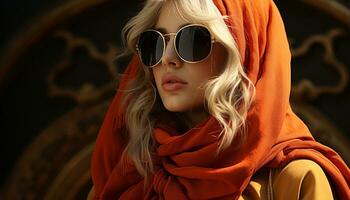 hermosa rubio mujer en Gafas de sol exuda elegancia y verano glamour generado por ai foto