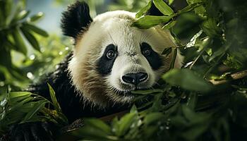 Cute panda eating bamboo in tropical rainforest, looking at camera generated by AI photo