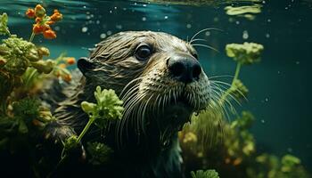 linda mamífero nadando submarino, mirando a cámara, en natural belleza generado por ai foto