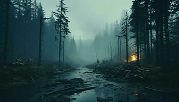 Spooky dark forest, wet leaves, old damaged tree, mysterious atmosphere generated by AI photo