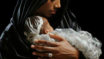 africano madre abrazando recién nacido, radiante amor y felicidad en naturaleza generado por ai foto