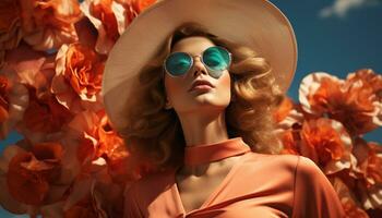 Fashionable woman in sunglasses exudes elegance and summer sensuality generated by AI photo