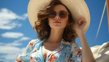 A beautiful woman in sunglasses enjoys summer vacation by the beach generated by AI photo