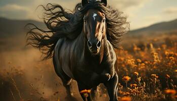 Running stallion in a meadow, embracing freedom and natural beauty generated by AI photo