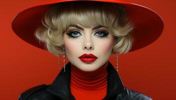 Beautiful blond woman exudes elegance and sensuality in fashion portrait generated by AI photo