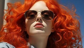 Beautiful woman with curly hair wearing sunglasses, exuding elegance and sensuality generated by AI photo