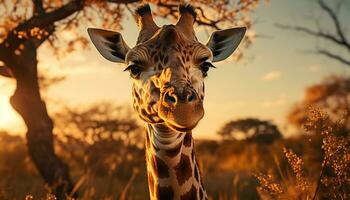 Giraffe standing in the savannah, gazing at the sunset beauty generated by AI photo