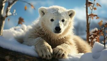 un linda Samoyedo perrito sentado en el Nevado bosque generado por ai foto