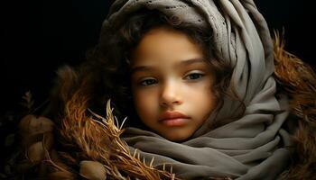 Smiling child with curly hair, looking at camera, radiates innocence generated by AI photo