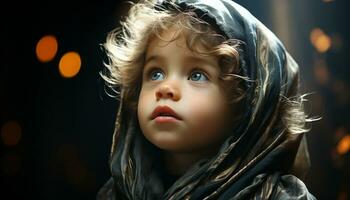 linda niño mirando arriba, sonriente, alegre, naturaleza, invierno alegría generado por ai foto