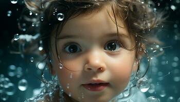 un linda mojado niño, sonriente con inocencia, mirando a cámara generado por ai foto