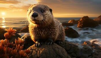 Cute seal on coastline, looking at camera, whiskers in focus generated by AI photo