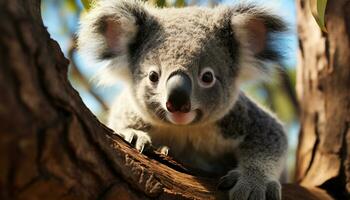 Cute koala sitting on branch, looking at camera in forest generated by AI photo