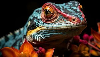 Green lizard looking at camera in tropical rainforest, beauty in nature generated by AI photo