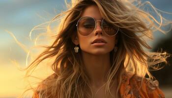 A beautiful woman in sunglasses enjoys the summer sunset generated by AI photo
