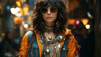 joven mujer en Gafas de sol exuda elegancia y confianza en ciudad generado por ai foto