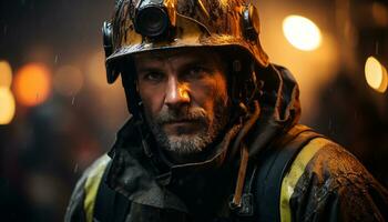 A brave firefighter in protective workwear standing in front of flames generated by AI photo