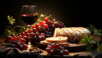 Fresh grape, gourmet bread, wine, and Camembert on rustic table generated by AI photo