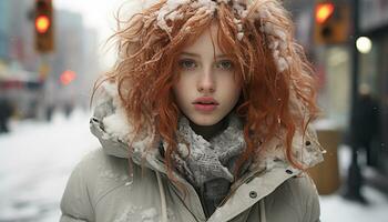 Smiling young woman in winter, looking at camera, wearing warm clothing generated by AI photo