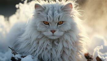 Cute domestic cat sitting in snow, staring at camera playfully generated by AI photo