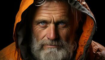 A serious, sad man with a beard, looking at the camera generated by AI photo