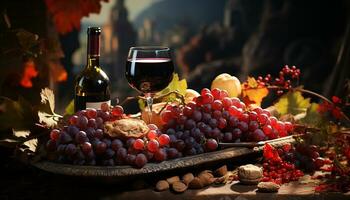 Fresh grape on wooden table, nature autumn wine celebration generated by AI photo