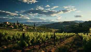 viñedo paisaje, puesta de sol brillo, vinificación en chianti región, tranquilo belleza generado por ai foto