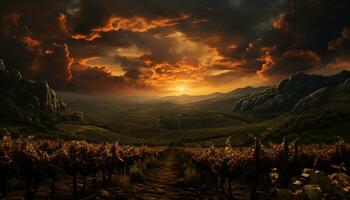 Tranquil sunset, rural vineyard, autumn harvest, mountain range, serene landscape generated by AI photo